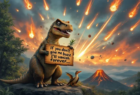 “A friendly, dog-like T-Rex standing upright, holding a hand-painted wooden sign that reads: ‘If you don’t give me buzz, I’ll vanish forever…’. The T-Rex has a goofy, endearing smile and wide, sparkling eyes that make it look as lovable as a playful dog. Beside it is its pterodactyl friend, lounging on a nearby rock with a laid-back smirk, casually smoking a joint as if resigned to the end of the world. The prehistoric setting features lush greenery and steaming volcanoes, but the sky is chaotic, filled with a plethora of smaller burning asteroids streaking down toward Earth, leaving fiery trails behind. The scene humorously juxtaposes the impending apocalypse with the duo’s carefree, almost comedic acceptance of their fate.”
