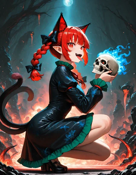 munakata_(sekimizu_kazuki), hamada_yoshikazu,negative space, cinematic shot, masterpiece, highres, absurdres, newest,  wide shot, ,slimes_skullwm,made of skulls,kaenbyou_rin, touhou, 1girl, pink_hair, red_eyes, solo,animal_ears ,black_bow, black_dress , braid,breasts, cat_ears , dress,extra_ears, fang ,frilled_dress ,frills, hair_bow ,large_breasts ,long_eyelashes  ,long_sleeves ,looking_at_viewer ,multiple_hair_bows, pointy_ears ,red_bow , red_hair, slit_pupils, smil,tight_clothes ,tight_dress, twin_braids ,fang, crazy_eyes ,crazy_smile ,holding skull, squatting, tongue, tongue_out , saliva,saliva_trail ,saliva_drip ,open mouth, from side,
<lora:SlimesSkullWM:1> <lora:ponyv5_noobE11_1_adamW:0.7> <lora:illustrious_noobai_epsilon_pred_11_very_aesthetic_v1:0.7> , <lora:kaenbyou_rin_image6792_2023-12-20:0.6>