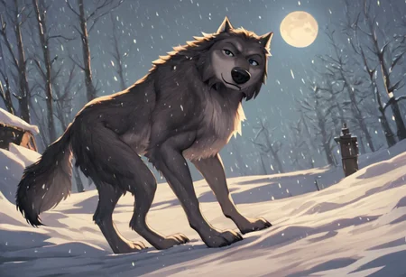 score_7_up, score_6_up, score_5_up, Winston, wolf, feral, outside, full body, looking at viewer, snowing, moon, WinstonAO, huge canine muscles