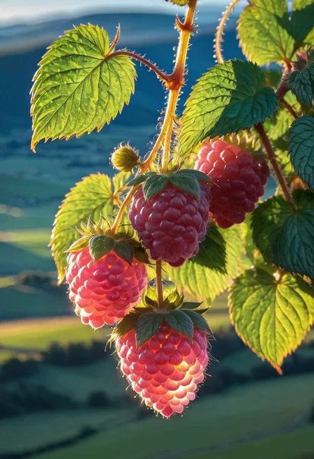 a delicate cluster of (raspberry: 1.19) (hanging from stem) (iridescent) (made of opal: 1.19), (divine iridescent glowing: 1.39), (opalescent textures: 1.09), growing in the early morning light, (wet: 0.49). in the background beautiful valleys, , volumetric light, ethereal, sparkling, studio photo, highly detailed, sharp focus