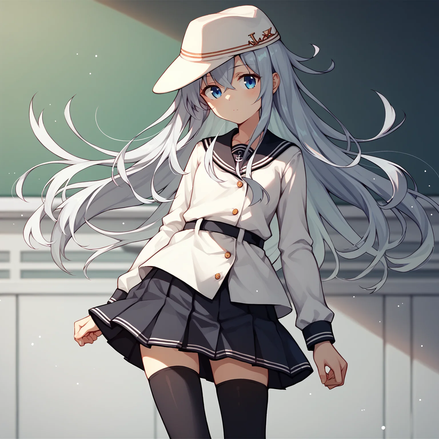 score_9, score_8_up, score_7_up, score_6_up, score_5_up, score_4_up, BREAK, cowboy shot, solo,
<lora:hibikiv2-000009:1>, hibikikc, verniyoutfitkc, long hair, school uniform, white hat, grey hair, blue eyes, black sailor collar, long sleeves, buttons, black thighhighs,