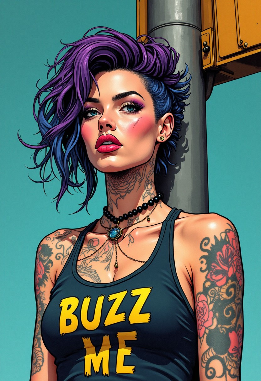 source: illustration,
Punk,  80s-punk The image features a female person with punk-style hair and makeup. She has multiple colors in her hair, predominantly purple and blue, and is wearing intricate tattoos or body art on her arms and neck.  Her Tanktop has a text on it (((Text on tanktop reads "BUZZ ME" in yellow bolt letters))), 80s. The female punk is lascivious (leaning against the pole of a streetlight with her back)+ ((blow a kiss a viewer))+ ironic sensual, looking at viewer, her body posture underlines her fit but voluptuous body while her sensual still ironic face expression underlines her statement against capitalism