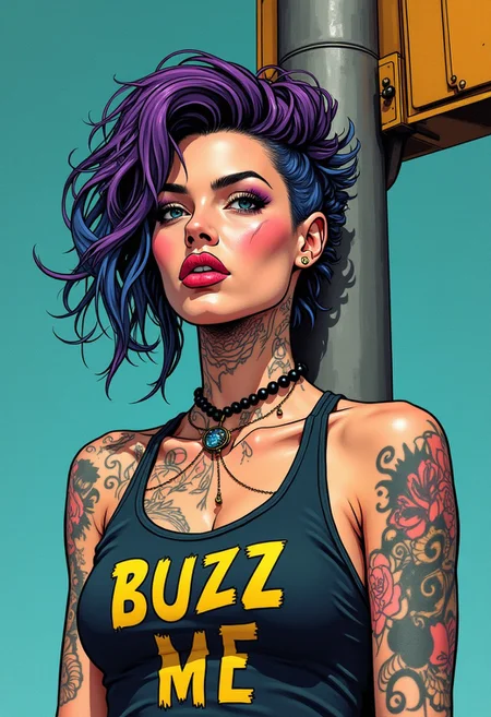 source: illustration,
Punk, 80s-punk The image features a female person with punk-style hair and makeup. She has multiple colors in her hair, predominantly purple and blue, and is wearing intricate tattoos or body art on her arms and neck. Her Tanktop has a text on it (((Text on tanktop reads "BUZZ ME" in yellow bolt letters))), 80s. The female punk is lascivious (leaning against the pole of a streetlight with her back)+ ((blow a kiss a viewer))+ ironic sensual, looking at viewer, her body posture underlines her fit but voluptuous body while her sensual still ironic face expression underlines her statement against capitalism