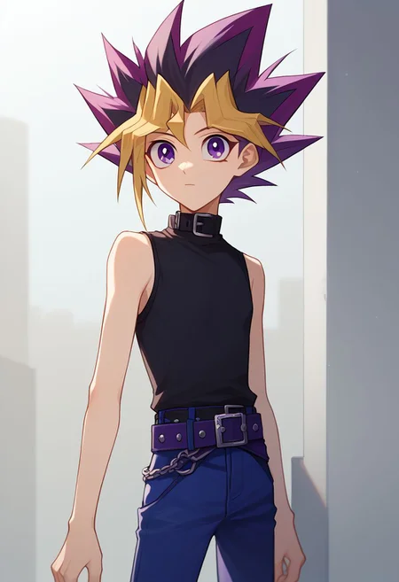 score_9, score_8_up, source_anime, highly detailed,
1boy, male focus, solo, skinny, cute, dyed bangs, spiked hair, blonde hair, purple hair, dyed bangs, pants, bangs, shirt, blue pants,
purple eyes, black shirt, sleeveless, multicolored hair, standing, belt,
upper body,
outdoor,