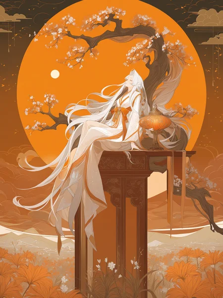 1masterpiece, best quality, <lora:Asyysa JR2-000016:1>,
1girl,solo,sitting,lolong hair,1girl,solo,white hair,moon,very long hair,flower,tree,long sleeves,standing,closed eyes,floating hair,bangs,a beautiful girl with long white hair and a white dress,standing in a field of orange flowers,She is surrounded by orange lanterns and birds,and there is a full moon in the background,The overall color scheme is warm and vibrant,with a focus on shades of orange and white,
line art,line style,, masterpiece,best quality , good structure,Good composition,good atomy , clear, original,beautiful ,