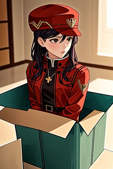 1girl in a gift box, <lora:yomama_surprise_gift_v5-10:0.8>yomama_surprise_gift_v5 <lora:LCM_LoRA_Weights_SD15:1> indoor, Christmas decoration ,<lora:misato-nvwls-v1:0.8> misato, black eyes, parted bangs, long hair, earrings, cross necklace, red jacket, long sleeves, black dress, parted bangs, long hair, earrings, yellow tank top, belt, denim shorts, short hair, hair between eyes, hair bun, peaked cap, red coat, military uniform, black pantyhose, white gloves