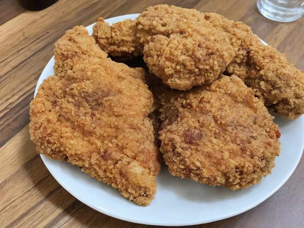 A high-resolution, hyper-realistic image of a deliciously fried chicken cutlet, referred to as G8G. The G8G is golden brown, with a crispy, crumbly coating and tender, juicy meat inside. It's served on a rustic wooden plate, with a side of fresh, colorful vegetables and a dollop of tangy sauce. The scene is set in a cozy, homely kitchen, with all elements in sharp focus, creating a clear and detailed image. The lighting should be warm and inviting, highlighting the appetizing qualities of the G8 and the cozy atmosphere of the setting, <lora:g8:0.7>