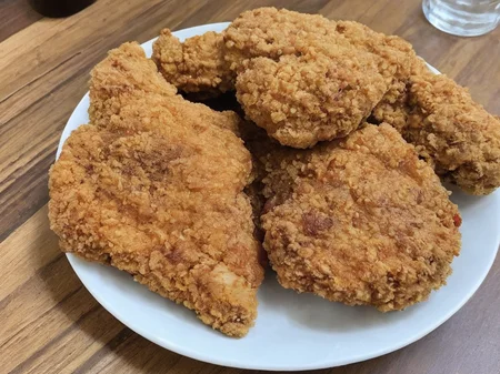 A high-resolution, hyper-realistic image of a deliciously fried chicken cutlet, referred to as G8G. The G8G is golden brown, with a crispy, crumbly coating and tender, juicy meat inside. It's served on a rustic wooden plate, with a side of fresh, colorful vegetables and a dollop of tangy sauce. The scene is set in a cozy, homely kitchen, with all elements in sharp focus, creating a clear and detailed image. The lighting should be warm and inviting, highlighting the appetizing qualities of the G8 and the cozy atmosphere of the setting, <lora:g8:0.7>