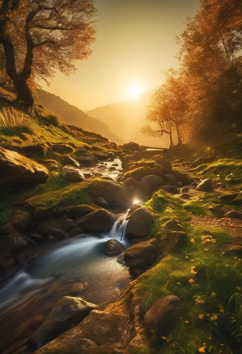 Low angle, wide angle shot, of a beautiful picturesque quaint legendary landscape from middle earth, incorporate a small stone entry in the frame Tolkien inspirerad, included a mystical figure,, a feeling of Magic and wonder, magical lighting effects, slow shutter effect, cinematic lighting, soft colorful lighting, star streaks, light trails, normal hand's, five finger's, masterpiece, best quality, highly detailed, sharp focus, dynamic lighting, vivid colors, texture detail, particle effects, storytelling elements, narrative flair, 8k, UE5, subject-background isolation