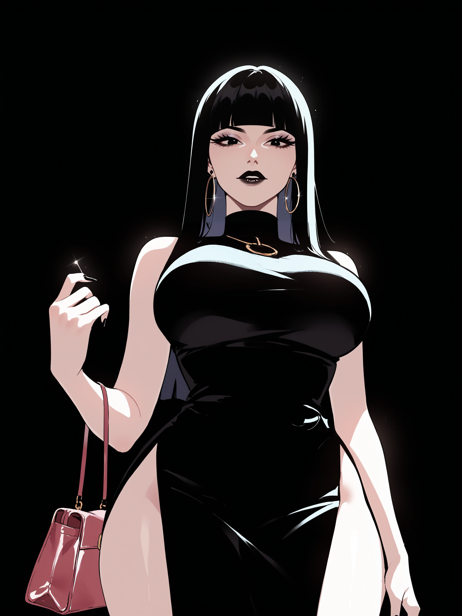 score_9, score_8_up, score_7_up, score_6_up, score_5_up, score_4_up,
BREAK
1girl, black hair, hime cut, blunt bangs, straight hair, black eyes, long eyelashes, hoop earrings,
BREAK
solo, from below, black dress, large breasts, side slit, holding purse,
BREAK
black background, dark, simple background, <lora:Lunas-Nyantcha-Thiccwithaq-SDXL-A1:1>