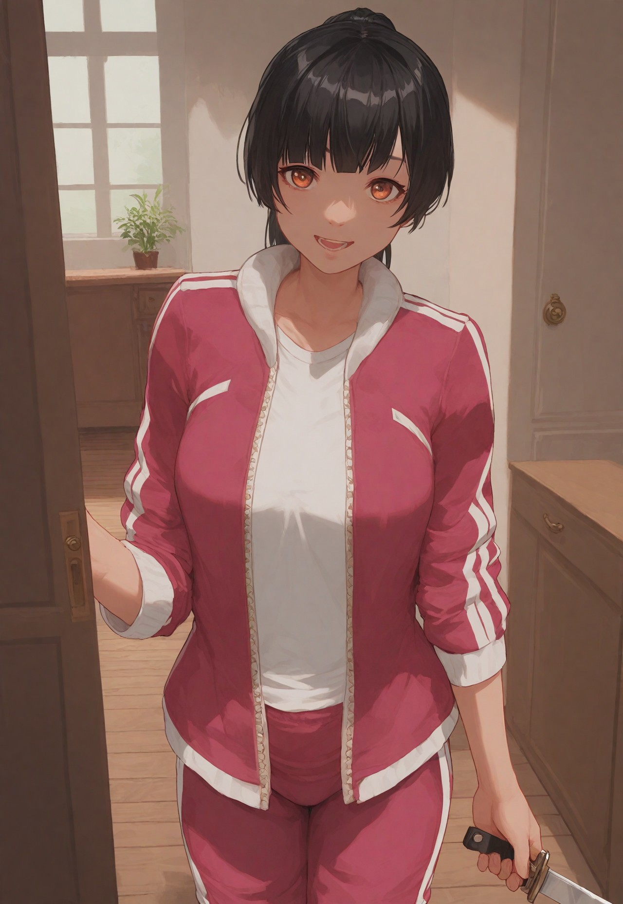 score_9, score_8_up, score_7_up, score_6_up, source_anime. zPDXL3, Default Girl, training wear, holding a knife, 1girl, solo, open mouth, smile, opening door, wooden floor, looking at viewer, indoors, standing, cowboy shot, yandere