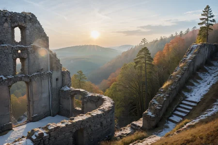 Hyperrealistic art professional photo, scenery, path through ruins up to hill, forest, river, cliffs (dramatic sky, journal cover shot, natural colors, correct white balance, color correction, dehaze,clarity), . Extremely high-resolution details, photographic, realism pushed to extreme, fine texture, incredibly lifelike <lora:When_autumn_meets_winter_XL:1>