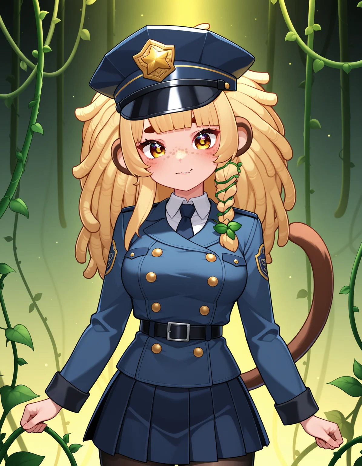 1girl, solo, <lora:BananaJuju_v2:0.8> bananajuju, long hair, symbol in eye, side braid, blunt bangs, vines, freckles, monkey ears, monkey tail, skin fang, light smile, blunt bangs, dreadlocks, blonde hair, medium breasts,
police uniform, double-breasted jacket, skirt, pantyhose, loafers, peaked cap, (upper body shot), detailed face, located in a horrifying scene at a desolate factory during midnight with windy weather, illuminated by eerie glow, creating a ominous,eerie atmosphere
