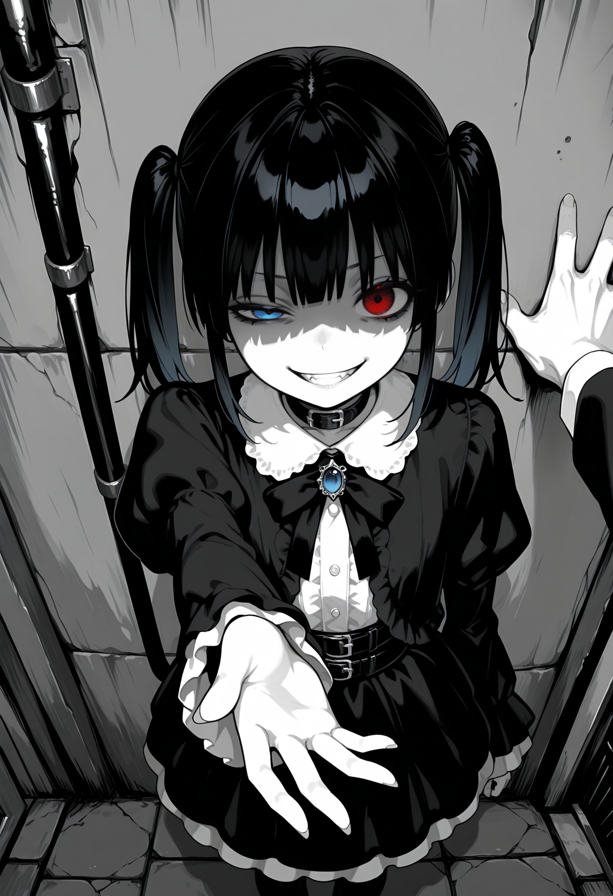 monochrome, greyscale,1girl, solo focus, half-closed eye, reaching_towards_viewer,looking at viewer, from above,alley, twintails, heterochromia, blue eye,red eye,evil grin,gothic fashion, shaded face, masterpiece, very aesthetic, absurdres,kodoku, povkabedon,<segment:yolo-AnzhcFace-seg_640_v3_y11n.pt-1,0.3,0.15//cid=11>