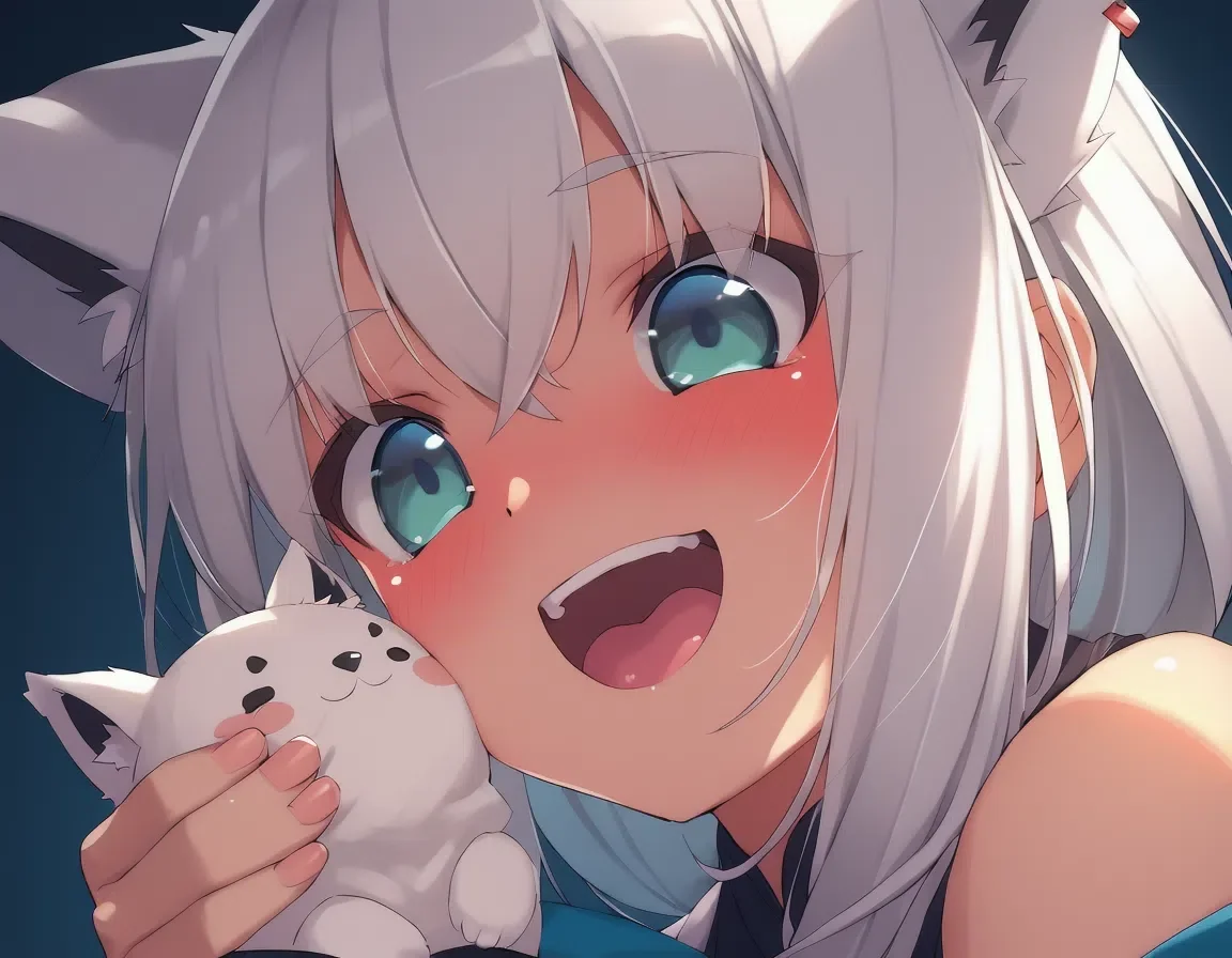 score_9_up, score_9, score_8_up, score_7_up, rating_explicit, source_anime, a lady holding a ferret, happy, p3tl0v3, Shirakami Fubuki, White hair, Blue eyes, Fox ears, Short bangs, Long side hair, White and blue outfit, Black thigh-high socks, Hair ornament, fair skin, Cute appearance, SHIRAKAMI_FUBUKI