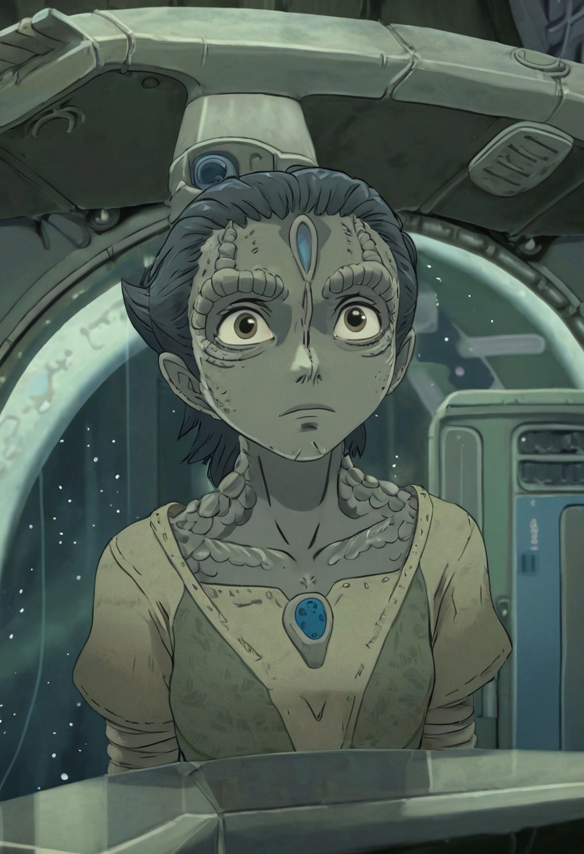 Studio Ghibli Style anime scene of an 18 year old female c4rd45514n alien, forehead crest, ridges, scales, grey skin, space station background, cleavage