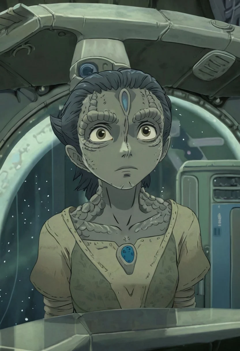 Studio Ghibli Style anime scene of an 18 year old female c4rd45514n alien, forehead crest, ridges, scales, grey skin, space station background, cleavage
