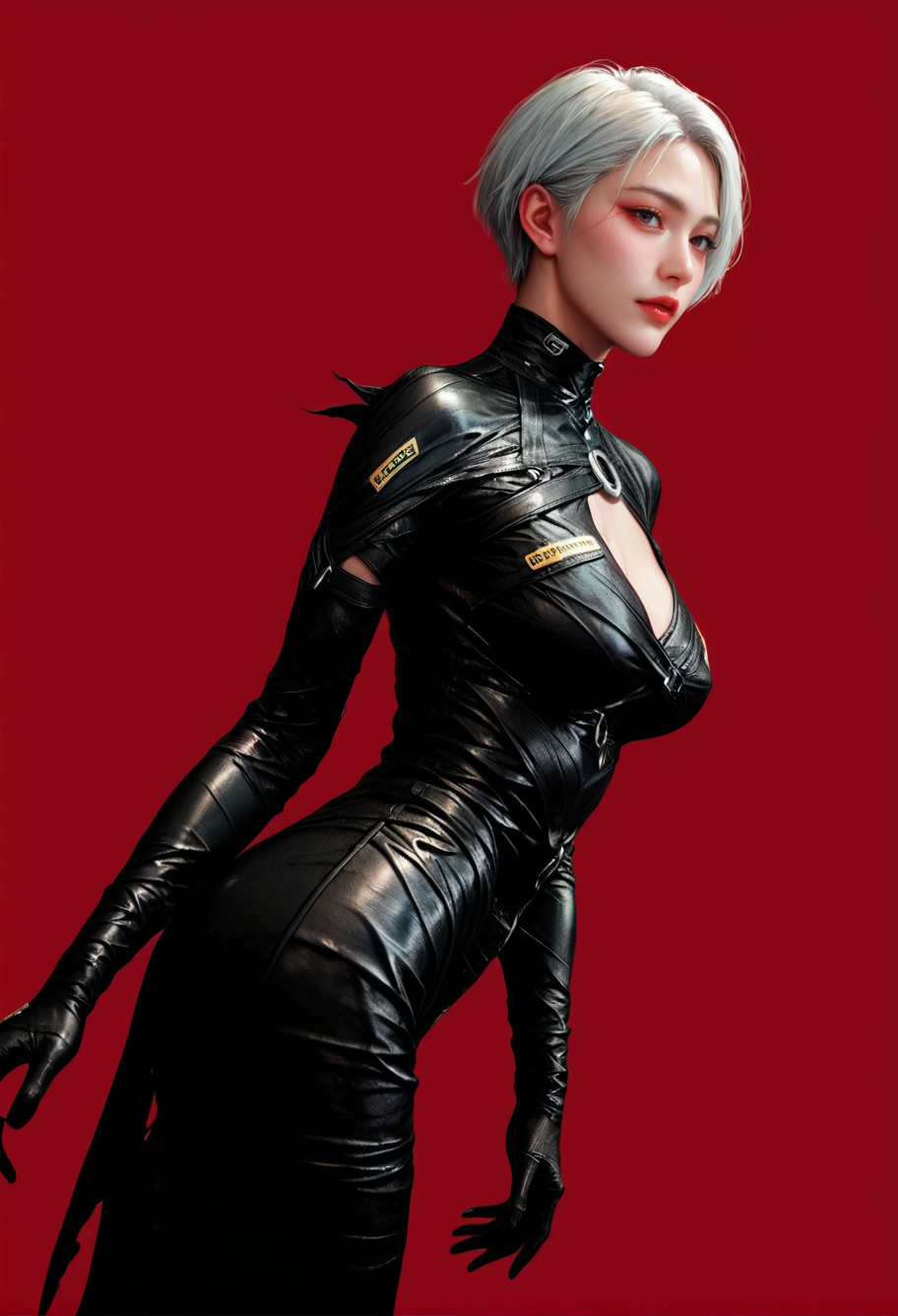 1girl,solo,red background,,ruanyi0880,black bodysuit,black gloves,clothing cutout,leather,<lora:0880 Nemesis_v1_pony:1>, score_9,score_8_up,score_7_up,,8k,1girl,solo,,
