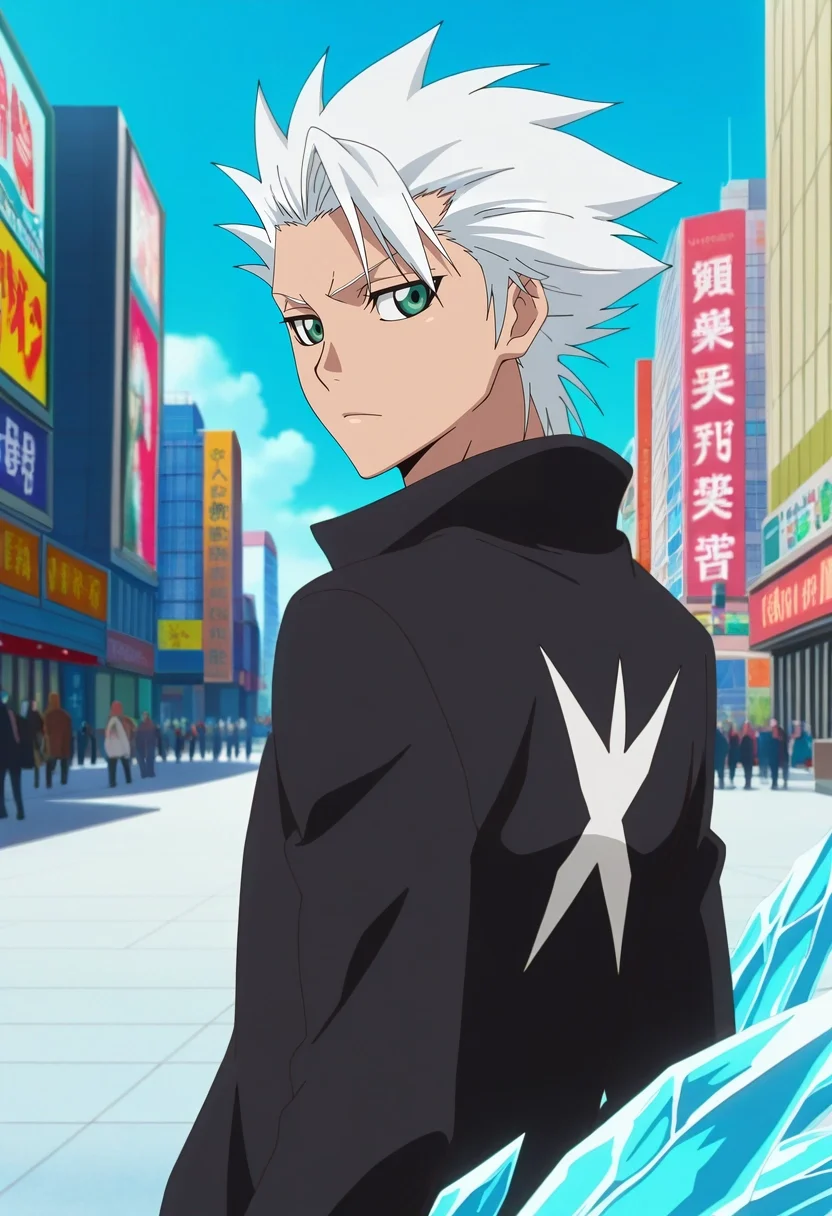 masterpiece, best quality, , anime screencap, , official style, , , 1boy, solo, male focus, <lora:toushirou_hitsugaya_ilxl:0.9>, toushirou_hitsugaya, white hair, green eyes, spiked hair, short hair, . , ice, bankai, focused, times square, day, sunny, looking back, expressionless, texan costume