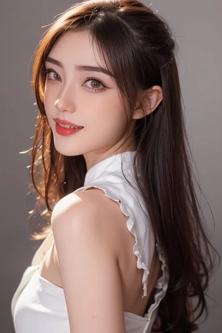 1girl,orange background, (extreamly detailed pupil, extreamly detailed eyes,(proportional eyes, same size eyes),perfect eyes looking, bright eyes,(detailed eyes), long eyelash, downing eyes), (looking at viewer),((proportion body)), (extreamly detailed face, extreamly detailed eyes, extreamly detailed nose, extreamly detailed lips), (red lips, {parted lips|smirk|smile, happy smile}), ((shiny skin)), ((jawline, strong jawline), ((dimple)), collar choker, Messy long hair, view from back