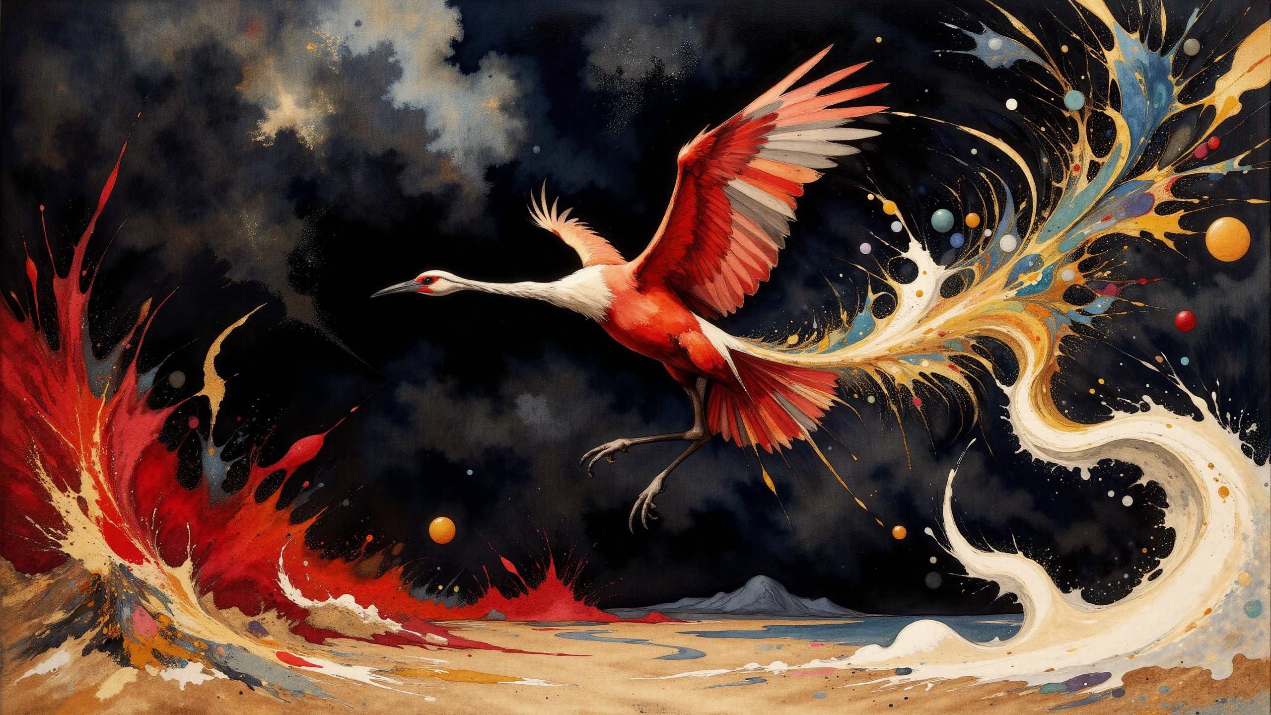 Surrealism themed artwork depicting black-toned Egyptian red crane bird flying in a dark stormy sky, punk, intricate white and scarlet fractal, impossible, billowing bright dust, very detailed. The overall feel of the image is of clarity and balanced space, with distorted people and items interacting in unusual ways. Additionally the image incorporates elements of mixed media including flowing lines drawn with fine pens and appliqued goldleaf. The general effect is of elaborate surreal and absurdist elements interacting with each other to produce timeless fine art elegance. <lora:Paper_Marbling_Flux:0.5> <lora:Eldritch_Watercolor_for_Flux:0.5> <lora:midjourney_whisper_chromaplex_v1:0.4> <lora:Eldritch_Paint_Sketch_for_Flux_1.0.5:0.4> <lora:FLUX.1-DEV_-_Decadence_Art_style_LoRA:0.5>