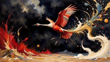Surrealism themed artwork depicting black-toned Egyptian red crane bird flying in a dark stormy sky, punk, intricate white and scarlet fractal, impossible, billowing bright dust, very detailed. The overall feel of the image is of clarity and balanced space, with distorted people and items interacting in unusual ways. Additionally the image incorporates elements of mixed media including flowing lines drawn with fine pens and appliqued goldleaf. The general effect is of elaborate surreal and absurdist elements interacting with each other to produce timeless fine art elegance. <lora:Paper_Marbling_Flux:0.5> <lora:Eldritch_Watercolor_for_Flux:0.5> <lora:midjourney_whisper_chromaplex_v1:0.4> <lora:Eldritch_Paint_Sketch_for_Flux_1.0.5:0.4> <lora:FLUX.1-DEV_-_Decadence_Art_style_LoRA:0.5>