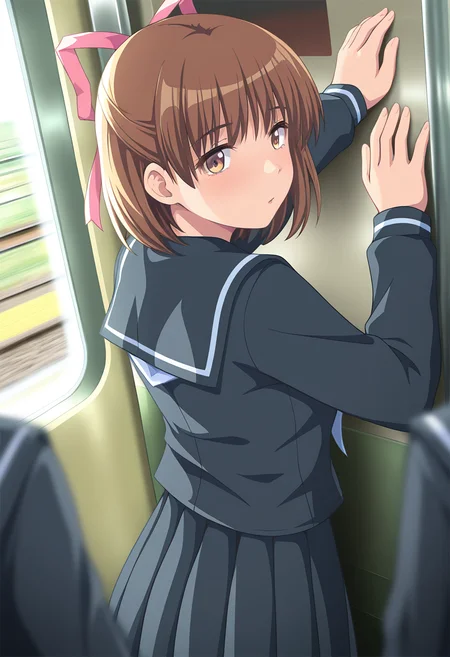 masterpiece, best quality, amazing quality, 1girl, solo, koyukiww, brown eyes, brown hair, short hair, pink hair ribbon, small breasts, school uniform, dark grey serafuku, long sleeves, dark grey pleated skirt, black socks, shoes, <lora:Shintaisou_Shin_Koyuki_Fujimiya_ill:0.9>, from behind, sexually suggestive, upper body, clothed female, standing, against wall, out of frame, looking back, back, girl hands on window, solo, solo focus, indoors, train interior, window, skindentation, detailed clothing folds, depth of field, sharp, high contrast, dynamic light