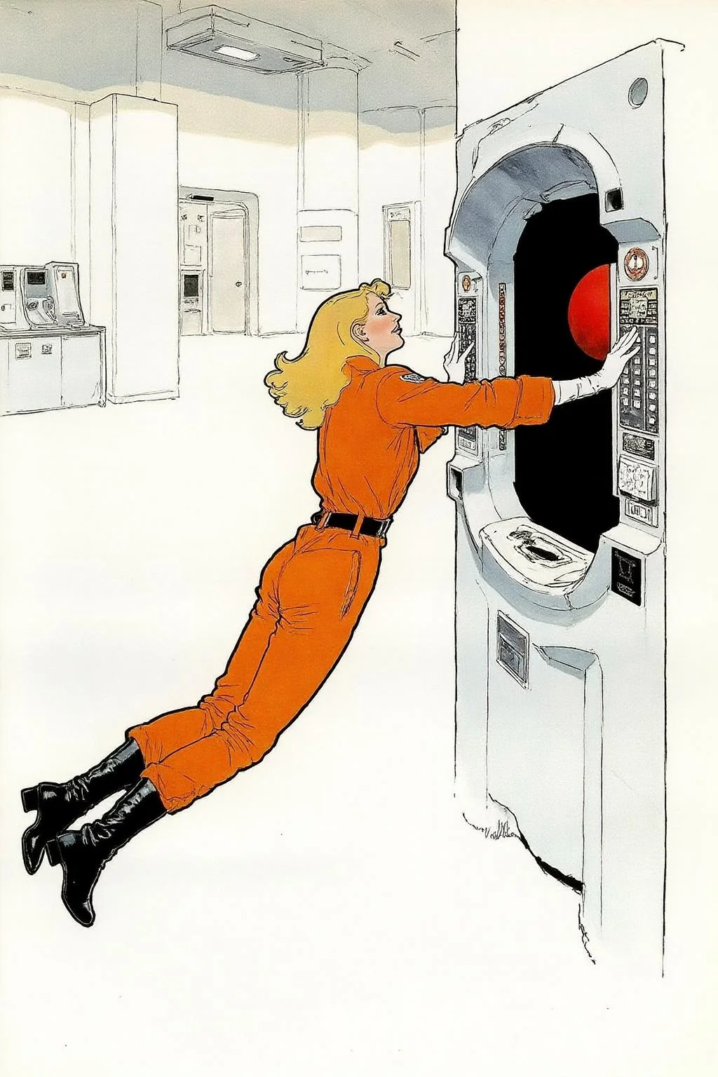 regr1 sketch Overhead sideview of a blonde woman dressed in a orange spacesuit and heavy boots, is carefully re-enacting the iconic scene from 2001: A Space Odyssey where David Bowman deactivates HAL 9000. Floating weightless on one side of a vast empty spacecraft, she methodically removes the components of the HAL 9000 interface, one piece at a time. The setting is tense and sterile, with bright lighting reflecting off the white sterile surfaces, capturing the eerie, unsettling atmosphere of the original scene. The red glow of HAL's eye slowly fades as the scene unfolds, highlighting the dramatic tension between human and machine <lora:regr1_fashion_nocap_d6a3:1.0><lora:807335521287374628:0>