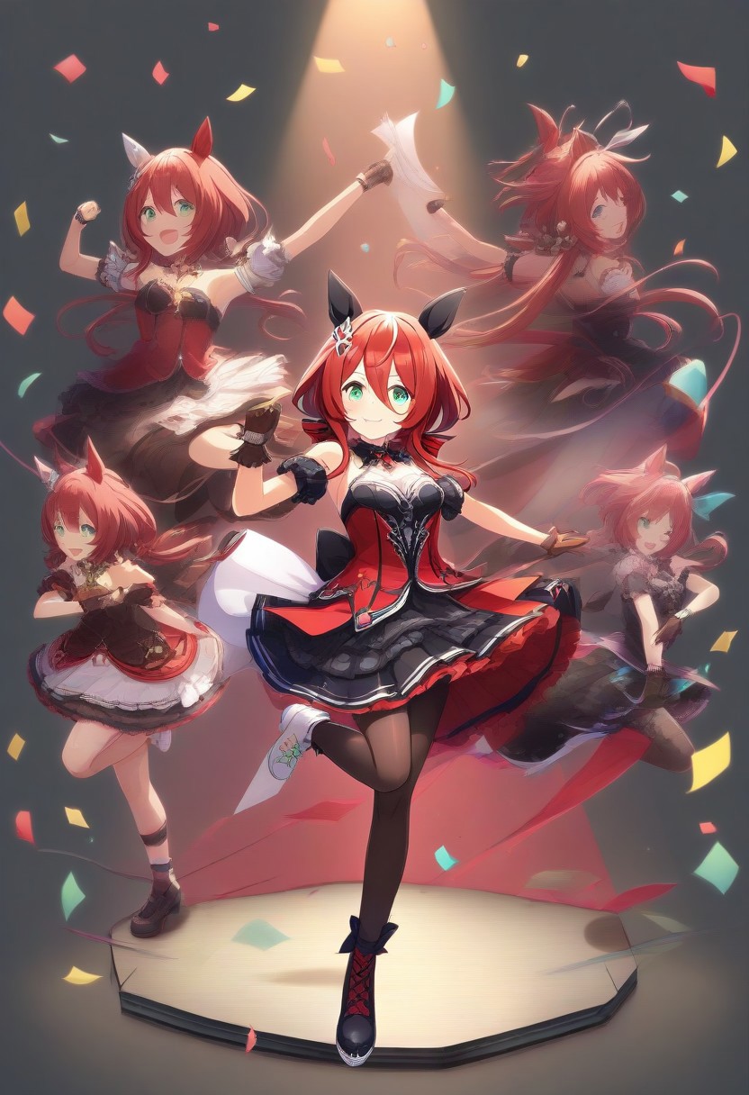 Jed-StickyN, confetti made of sticky notes, 
(win_variation_(umamusume), 1girl, solo, streaked_hair, tail, twintails, shobufuku,animal_ears, asymmetrical_footwear, black_gloves, black_shoes, brown_pantyhose, character_name, closed_mouth, dress, floating_hair, frilled_sleeves,  )
frills, gloves, green_eyes, grey_background, hair_between_eyes, hair_ornament, horse_ears, horse_girl, horse_tail, long_hair, low_twintails, mismatched_footwear, multicolored_hair, pantyhose, 
(pleated_skirt, red_dress, red_hair, shoes, short_sleeves, skirt, small_breasts, smile,  looking_at viewer, bangs, hair_between eyes, bare_shoulders, full_body, black_pantyhose, brown_gloves, dancing, red_spotlight, black_footwear, white_footwear, mismatch_footwear, dynamic_pose,  very_long_hair, white_background, white_hair, white_shoes, white_skirt : 0.7)