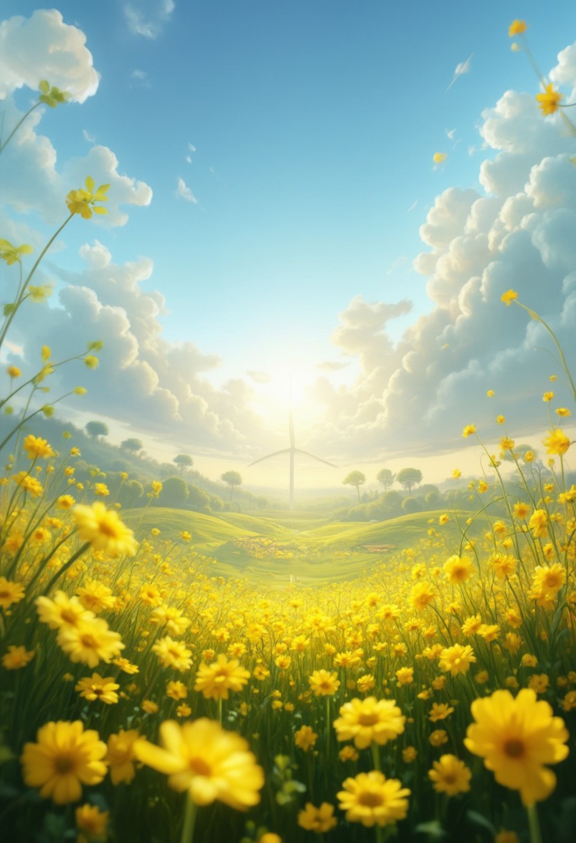 detailed background, from above,( Calm spring morning landscape), beautiful view, Flower Field, canola flower in full bloom, canola flower, early morning, sunrise sky, beautiful clouds, dappled sunlight, 
I can see a windmill in the distance, 
depth of field, masterpiece, best quality, ultra-detailed, very aesthetic, illustration, perfect composition, intricate details, absurdres, moody lighting, wisps of light, no humans,