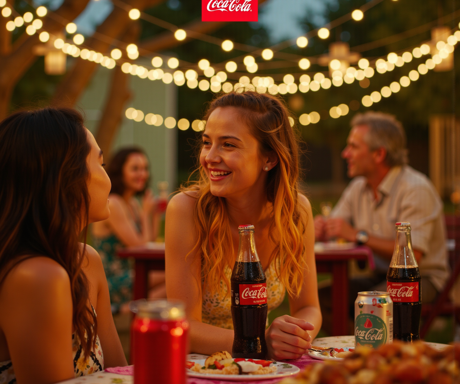 **Prompt for Coca-Cola Advertising Poster:** Create a vibrant Coca-Cola advertising poster set at a lively outdoor summer party. The poster layout should prominently feature a central image of two characters: 1. **Character Description**: The first character has long, multi-colored hair with black on top and bright orange at the ends. She has a relaxed expression, wearing a simple tank top that complements her colorful style. She is holding a frosty Coca-Cola bottle, smiling as she shares a moment of joy with a friend. 2. **Character Description**: The second character, reflected in the background, is slightly older with a rugged look, sporting medium-length hair and a casual style that embodies summertime fun. He’s dressed in a patterned shirt and appears surprised as he glances at the first character, his gaze focused on her laughter and the Coca-Cola she’s holding. - **Coca-Cola Branding**: At the top center of the poster, place a large Coca-Cola logo in its iconic font, using the classic red color to ensure it stands out against the party backdrop. - **Slogan**: Incorporate the catchy slogan “Refreshment in Every Moment” in bold white letters at the bottom center. Use a playful, modern sans-serif font that complements the Coca-Cola logo, with ample spacing for clarity. - **Main Image**: Show the two characters enjoying laughter and connection amidst a backdrop of friends engaged in a lively barbecue, with colorful decorations and food spread around. Include several Coca-Cola bottles and cans scattered on tables, with condensation visible to emphasize refreshment. - **Background and Setting**: Design a festive summer backyard filled with twinkling string lights and a vibrant atmosphere. Use warm, inviting colors like greens and yellows for the environment, juxtaposed with the Coca-Cola red accents. - **Color and Lighting**: Utilize a warm color palette dominated by Coca-Cola red, creating a happy and inviting mood. Employ soft lighting that casts a glow around the characters, enhancing the feeling of warmth and togetherness. - **Typography**: The slogan should be clear and easily readable, positioned in a way that balances the overall design. The font style for the slogan should have rounded edges that feel inviting and fun. - **Artistic Details**: Highlight textures such as the sparkle of ice cubes in drinks, droplets of condensation on the Coca-Cola bottles, and the genuine smiles on the characters' faces. Incorporate subtle bokeh effects to add depth, creating a dynamic feeling of movement and energy. This poster should evoke feelings