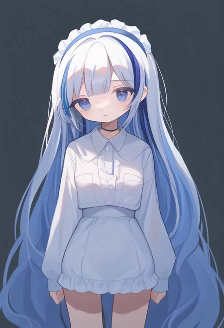 score_9, score_8_up, score_7_up, source_anime, BREAK, standing, simple background, cowboy shot, very long hair, blue hair, streaked hair, multicolored hair, hubblenc