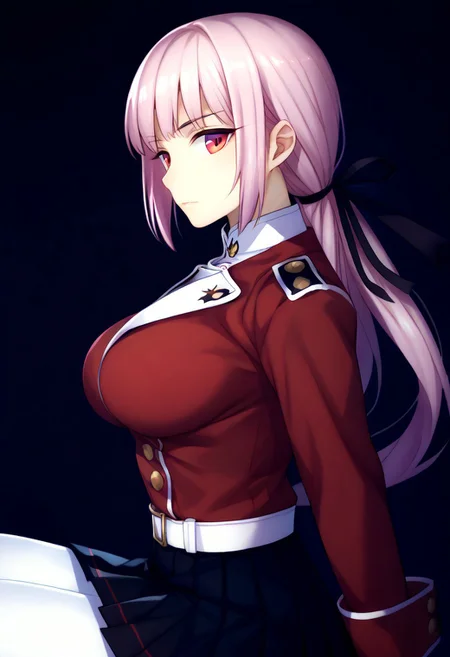 (zPDXL3), 
(zPDXLxxx), 
1girl, 
solo,
nightingale, red eyes, light pink hair, long hair, blunt bangs, braid, low hair ring, black ribbon, hair ribbon,
military uniform, red jacket, belt, white gloves, black skirt, pleated skirt, white pantyhose, white knee boots,
side view, 
bust up,