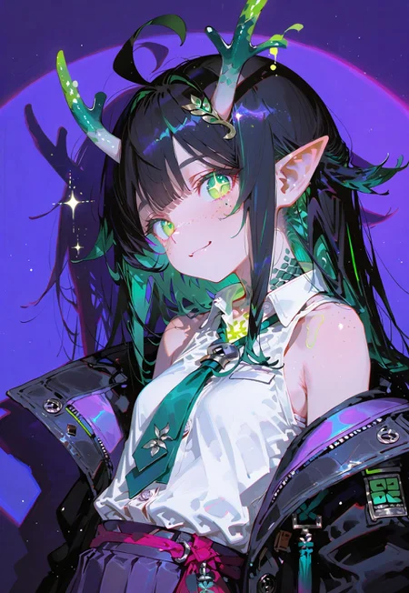 looking at viewer,bust shot,face focus

Side view,smile

1 girl,petite,loose unruly messy hair,messy bangs,black hair,green accents hair,fair skin,dragon horns,green eyes,(sparkling eyes:1.1),freckles,ahoge,pointy ear

Large Black coat with green accent,coat hanging sleeves,white sleeveless buttoned shirt tucked in,green tie, exposed shoulder,dark purple skirt,

Color background, bright purple background,(shadow:1.2), front lighting,glimmer, [scales design], sparkling,(anagylph refraction:1.5),(front spotlight:1.2),(purple hue:0.8),(colors green glowing:1.4)

Cunnystyle,748cmstyle,Smooth_Quality,masterpiece,best quality,amazing quality, aesthetic,(vibrant colors:1.6),(bold lines:1.3),(saturated:1.5),