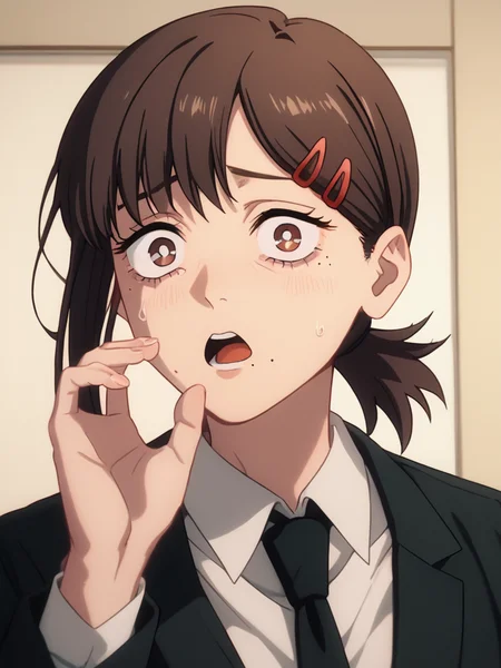 score_9, score_8_up, score_7_up, volumetric lighting, kobeni higashiyama, a man in a suit and tie with a surprised expression, 1girl, solo, looking at viewer, open mouth, bangs, black hair, hair ornament, white shirt, sweat, hairclip, collared shirt, black jacket, mole under eye, formal, mole under mouth, black necktie, short ponytail, meme, single sidelock, multiple moles, higashiyama kobeni, <lora:chainsawman_pony_v1-1_mx:0.9>