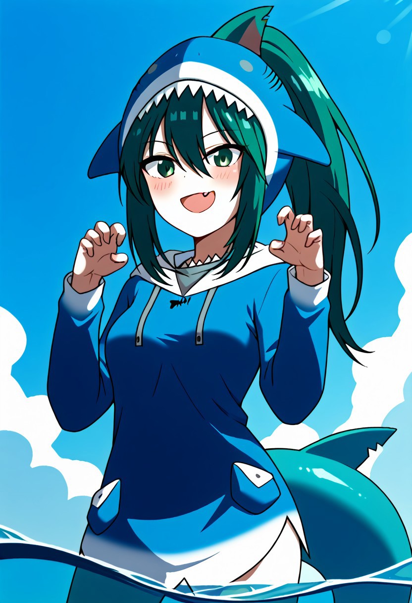 Score_9, score_8_up, score_7_up, score_6_up, score_5_up, score_4_up, alone, 1girl, Ruka Bandō, dolphin girl, long hair, sea green hair, koala ears, shark fin on head, medium breasts (green eyes: 1.1),, 1 ponytail 
<lora:gawr-gura-cosplay-ponyxl-lora-nochekaiser:1>, gawrguracosplay, gawr gura \(cosplay\), shark hood, shark costume, blue hoodie, shark tail, animal hood, fish tail,, outdoors, ocean, water, submerged, smile, blush, <lora:paw-pose-ponyxl-lora-nochekaiser:1>, paw pose, open mouth, fangs, sharp teeth,, cowboy shot, dutch angle, solo,