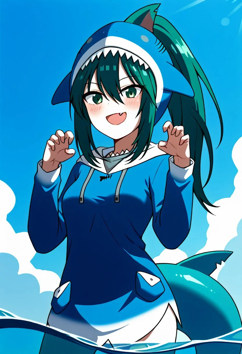 Score_9, score_8_up, score_7_up, score_6_up, score_5_up, score_4_up, alone, 1girl, Ruka Bandō, dolphin girl, long hair, sea green hair, koala ears, shark fin on head, medium breasts (green eyes: 1.1),, 1 ponytail
<lora:gawr-gura-cosplay-ponyxl-lora-nochekaiser:1>, gawrguracosplay, gawr gura \(cosplay\), shark hood, shark costume, blue hoodie, shark tail, animal hood, fish tail,, outdoors, ocean, water, submerged, smile, blush, <lora:paw-pose-ponyxl-lora-nochekaiser:1>, paw pose, open mouth, fangs, sharp teeth,, cowboy shot, dutch angle, solo,