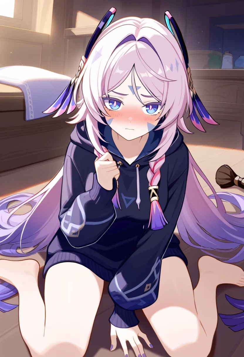 1girl, citlali \(genshin impact\), genshin impact, alternate costume, barefoot, black hoodie, blue eyes, blunt tresses, blush, braid, breasts, closed mouth, embarrassed, facial mark, forehead mark, hair intakes, hand up, hood, hoodie, indoors, long hair, looking at viewer, low twin braids, medium breasts, nail polish, pink hair, purple nails, sitting, solo, triangle, triangle facial mark, twin braids, very long hair, wariza, masterpiece, high score, great score, absurdres