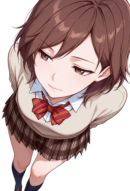 masterpiece,high quality details, absurdres,
 <lora:Hiro_Kurusu_V2:0.8>
hiro_cnr,  1girl, brown hair, short hair, brown eyes,
hiro_s1,pleated skirt, shirt, sweater,bowtie,kneehighs, shoes, plaid skirt,, simple background, white background, dutch angle,solo,, disdain,light smile,, arms behind back,bent forward at waist,slight side bend,