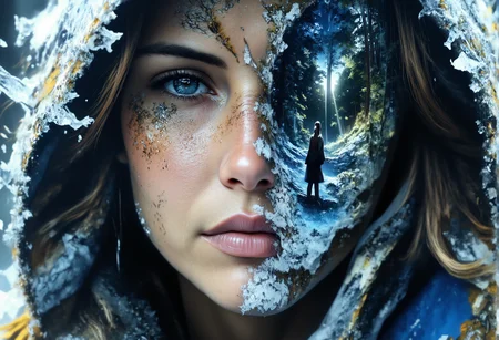 aidmaMJ6.1, darkcore, Jeddblexpsre,double exposure, ethereal. A close-up shot of a breathtaking young womanâs face, where her facial features are softly blended with an ethereal overlay of a misty winter forest . Her piercing blue eyes and delicate skin textures are visible through the translucent silhouette of the forest, creating a dreamy, surreal double exposure effect. The icy crystals on the hood of her light blue medieval cloak merge harmoniously with the natural elements. The soft lighting highlights both the woman and the superimposed scene, while shadows and highlights enhance the depth, giving the composition a balanced, thought-provoking appearance., <lora:FluxDFaeTasticDetails.safetensors:1.0:1.0> <lora:aidmaMJ6.1-FLUX-V0.2.safetensors:1.0:1.0> <lora:Flux DoubleExposure_epoch_1.safetensors:1.0:1.0> <lora:NebulaNexus_v1.safetensors:0.7000000000000001:0.7000000000000001>