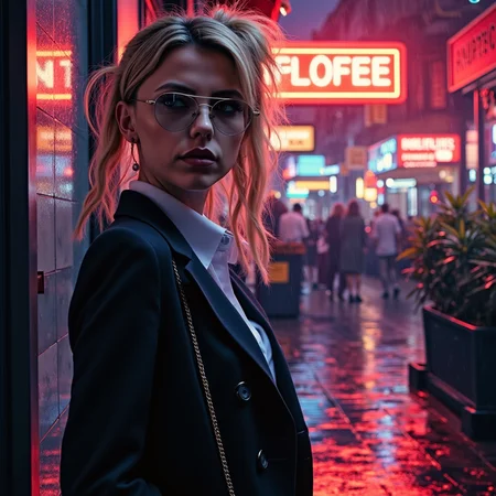 neon noir surrealist art a beautiful blond woman, wearing a secretary uniform, in an office <lora:Riley_Voelkel:1> rileyv . dreamlike, mysterious, provocative, symbolic, intricate, detailed . cyberpunk, dark, rainy streets, neon signs, high contrast, low light, vibrant, highly detailed