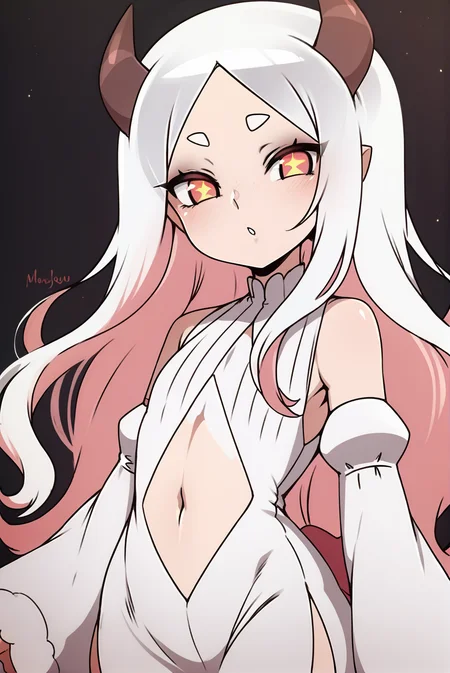 Score_9, Score_8_up, score_7_up, score_6_up, 1girl, solo, flat chest, 2su2, white dress, navel cutout, detached sleeves, looking at viewer, black background, cowboy shot, by <merunyaa>, light skin<lora:EMS-322220-EMS:0.800000>, <lora:EMS-388917-EMS:0.800000>