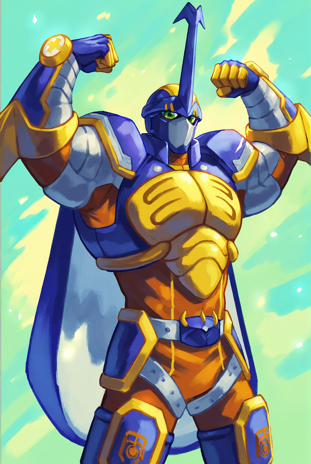 score_9,score_8_up,score_7_up,male focus,ultra-detailed,high resolution,digital painting,8k,1boy,solo,cowboy shot,male focus,detailed face,armor,no humans,green eyes,helmet,single horn,bodysuit,flexing, veiny,looking at viewer,<lora:add-detail-xl:1>,<lora:Blitzmon:0.8>,bl1tzmon,<lora:Azalien:0.3>,