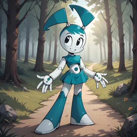 score_9, score_8, BREAK, solo, Jenny_Wakeman_(Teenage_Robot), white skin, black eyes, blue hair, screw bobbles, twintails, blue skirt, blue top, navel, screw navel, joints, robot girl, self portrait, smile, looking at viewer, outdoors, sunlight, shadows, evening lighting, natural lighting, forest, trees, grass, orange sky, sunset