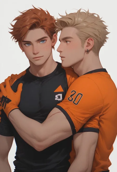 Gay, score_9,score_8_up,score_7_up, 2boys, ((one boy, slender, auburn fluffy hair, blue eyes, scar on face, slender build, cheekbones, handsome, freckles, orange shirt, orange lacrosse jersey, lacrosse gloves,)) next to ((1boys, short blonde hair, hazel eyes, black earrings, cheekbones, muscular, handsome, orange lacrosse jersey, lacrosse gloves, black armbands, shorter)) ) imminent kiss, intense, BREAK, male focus, sunset, close up, hug