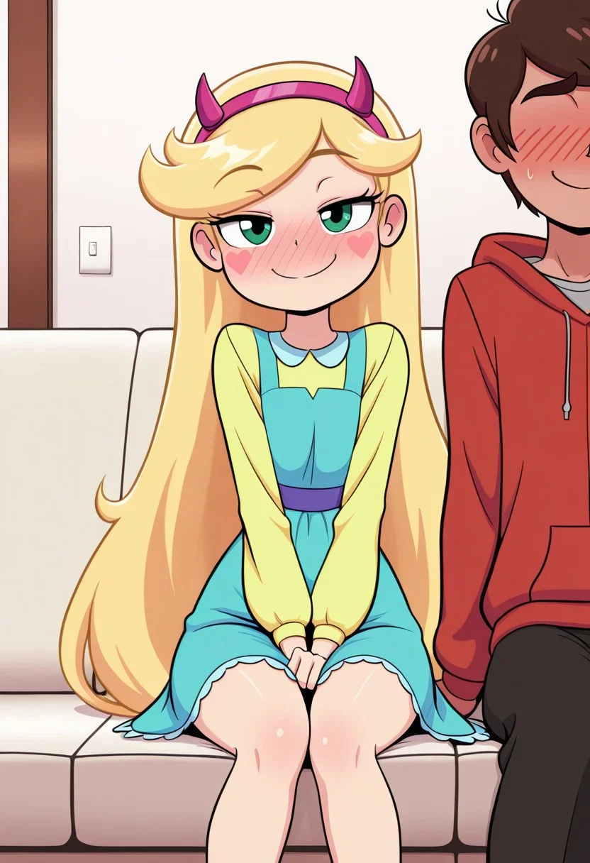 masterpiece, best quality, break. star_co, (1boy, marco_d, hoodie, seductive smile), break, (1girl, star_b, fake horns, dress, very long hair, blondie hair, heart stickers blush, shy smile), sitting together, living room, front view