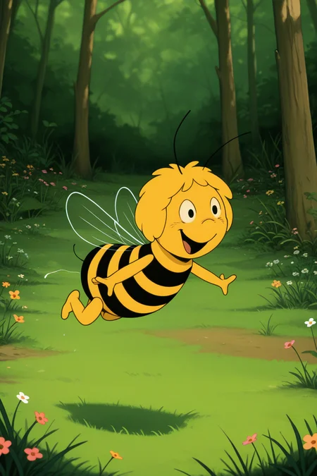 masterpiece, best quality, amazing quality, absurdres, solo, mayathebee, anthropoid girl, furry female, antennas, striped, bee girl, wings, smile, open mouth, flying, outdoors, grass, nature, flowers