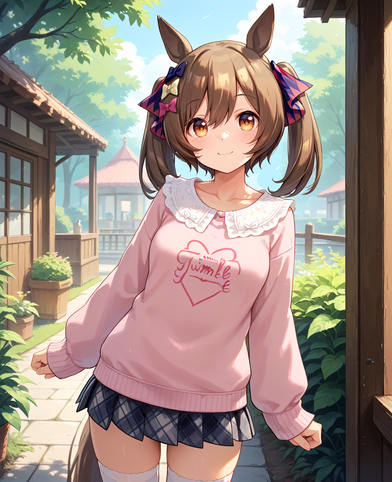 score_9, score_8_up, score_7_up, 1girl, (looking at viewer:1.2), (closed mouth:1.0), smile, , patterned background,, (indian style:1.2),, (,:1.2),
<lora:pony_smart_falcon_v1.01:0.9>, smart falcon \(umamusume\), horse ears, horse tail, medium breasts, twintails,
thighhighs, long sleeves, hair ribbon, plaid skirt, casual, pink sweater, plaid pattern hair ribbon, hairclip, ,
,