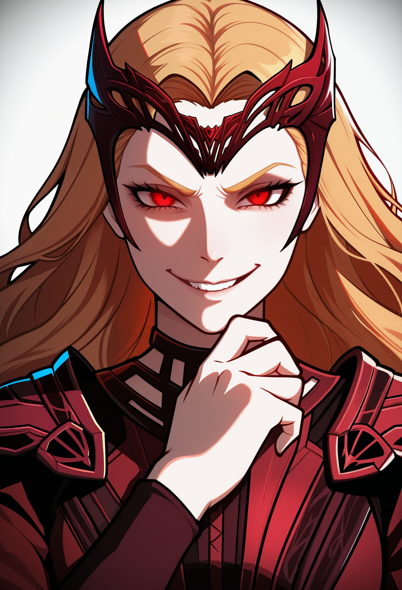 1girl, solo, portrait, white background, evil smile, vignetting, looking at viewer, 
blonde hair, long hair, red eyes, tiara, 
red jacket, long sleeves, shoulder armor, 
masterpiece, best quality, <lora:scarlet_witchMR-MOM-guy90-Illust-LoraV1:1>, mhcacs