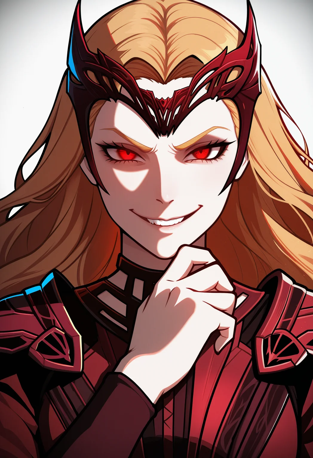 1girl, solo, portrait, white background, evil smile, vignetting, looking at viewer,
blonde hair, long hair, red eyes, tiara,
red jacket, long sleeves, shoulder armor,
masterpiece, best quality, <lora:scarlet_witchMR-MOM-guy90-Illust-LoraV1:1>, mhcacs